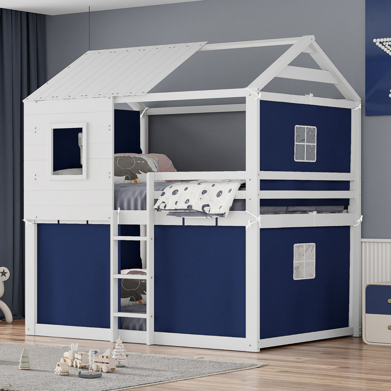 Lit superposé en bois avec tente, Bleu, Lit double