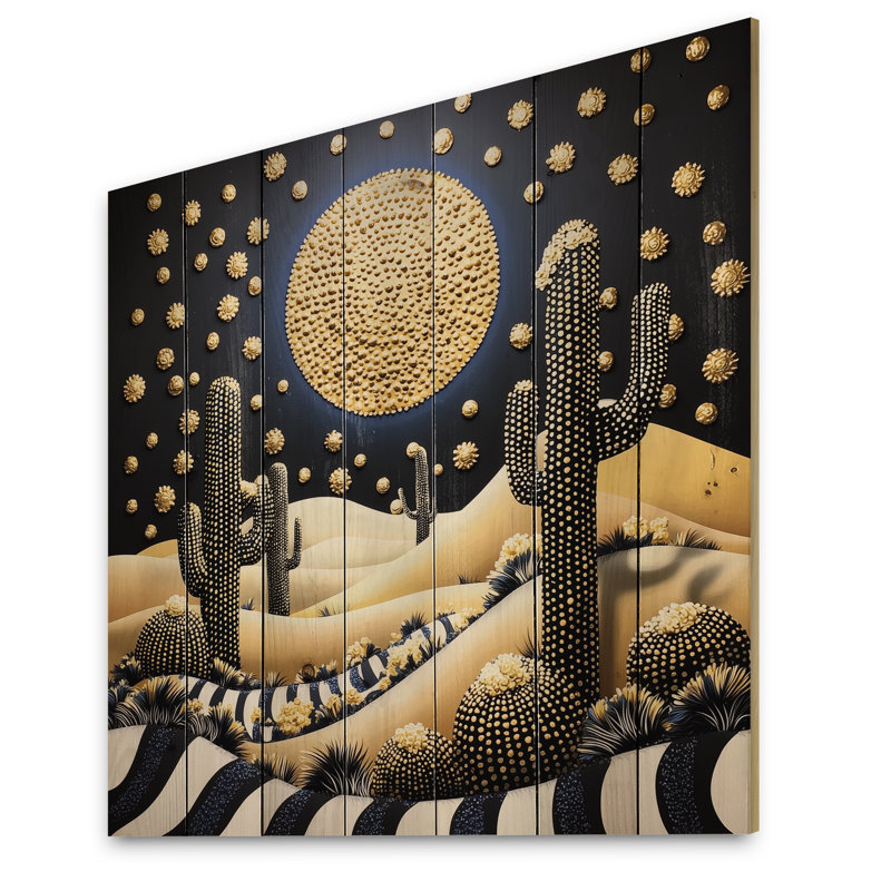 Glam Desert Sunset avec cactus - décor mural en bois paysage mondial sur bois de pin naturel, H 15 po x l 15 po