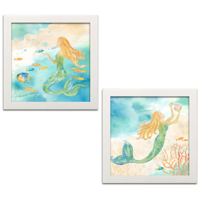«Mermaid and Tropical Fish», magnifique ensemble de 2 reproductions d'aquarelles