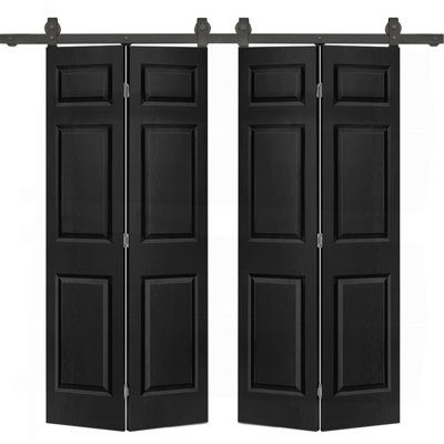 48 po X 80 po Porte de grange double à 6 panneaux en MDF peint 6 panneaux noirs avec quincaillerie coulissante