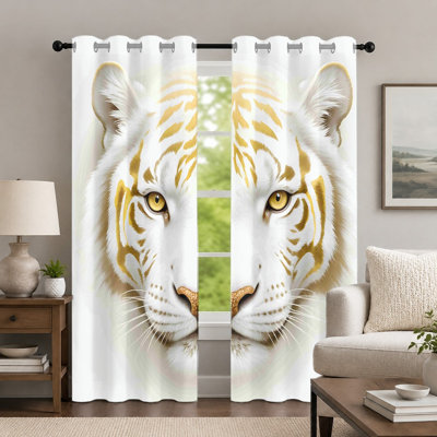 2Pcs White and Golden Tiger-Pattern Curtains, Animal Style Curtain, Creative Wild Life Printed Art Grommet Drapes, Window Treatment for Bedroom Living Room Decor