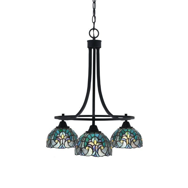 Lustre 3 lumières Paramount présenté dans une finition noir mat avec verre d'art cyprès turquoise de 7 po