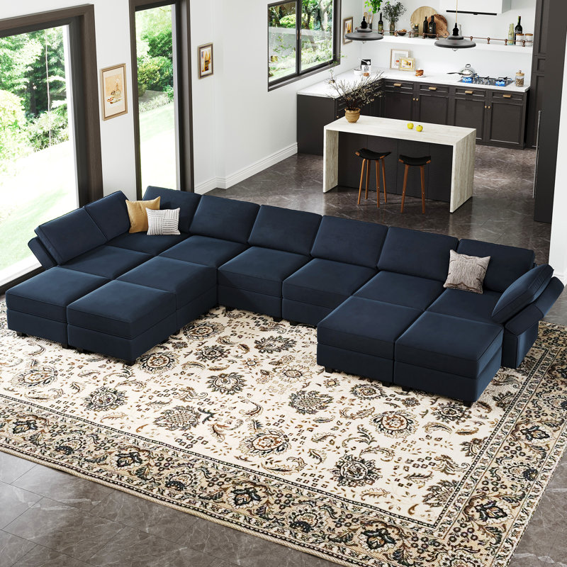 169.4” reversible modular sofa in real velvet Wylodene, Velours bleu