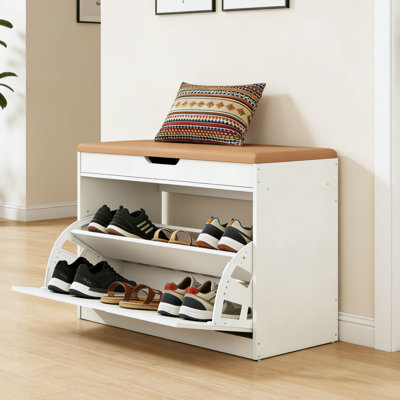 27.5"W Shoe Storage Bench with Cushion, Flip-Top Storage, Entryway White Shoe Rack