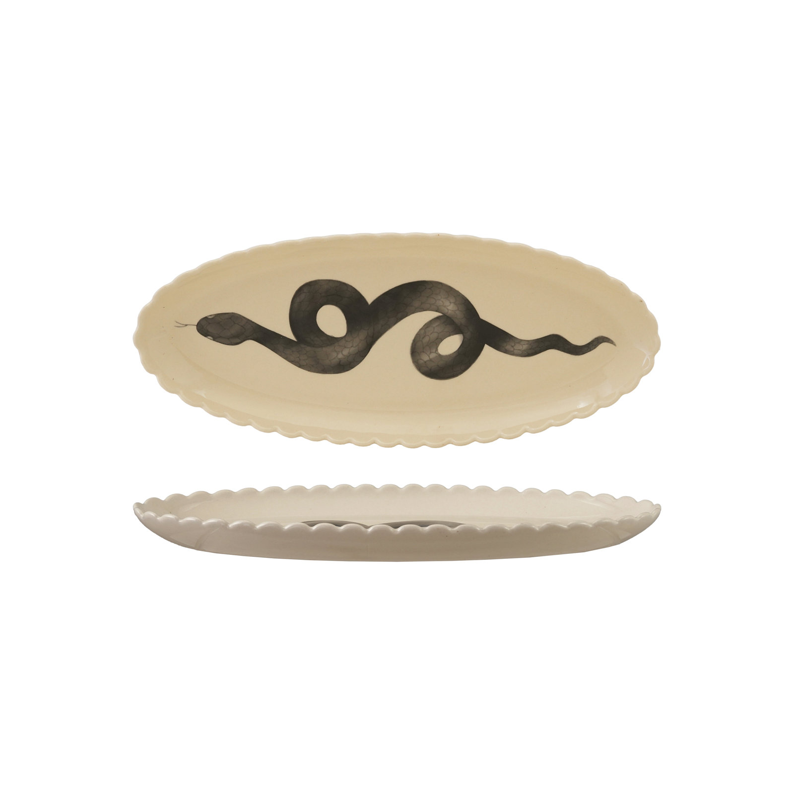 Oval Stoneware Scalloped Platter With Snake