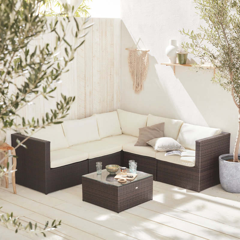 5-Seater Rattan Garden Furniture Sofa Set Table, Brown, Off-White
