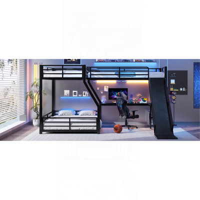 Lit superposé simple au-dessus de L en forme de L avec lit mezzanine simple, lit superposé triple en métal avec glissière et ports USB, conception peu encombrante et silencieuse, noir