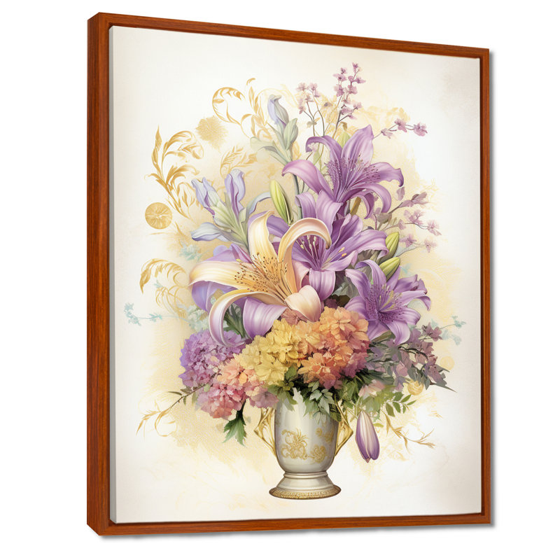 Nature morte avec des lys mauves dans un vase - Assortiment de bouquets d'art mural, Toile avec cadre flottant brun