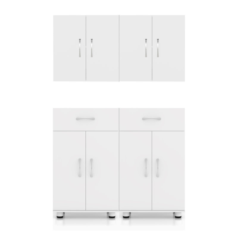 Modular 48" W 4-Piece Storage Cabinet Set: 2 Wall Cabinets & 2 Base Cabinets With Drawers, White