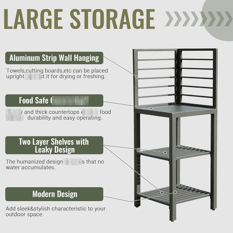 Îlot de cuisine extérieur en aluminium: rangement double, plateau sécuritaire pour les aliments, fabrication stable, 20,3 po Profondeur x largeur 56,38 po High Island avec placards: housse de protection, niveleur réglable, profondeur de 20,3 po