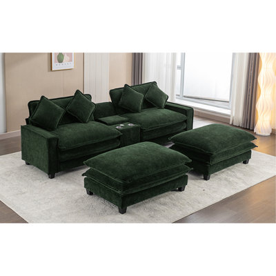 Canapé modulaire en chenille de 111 po avec deux repose-pieds amovibles, deux ports USB, deux porte-gobelets et une grande boîte de rangement pour le salon, vert