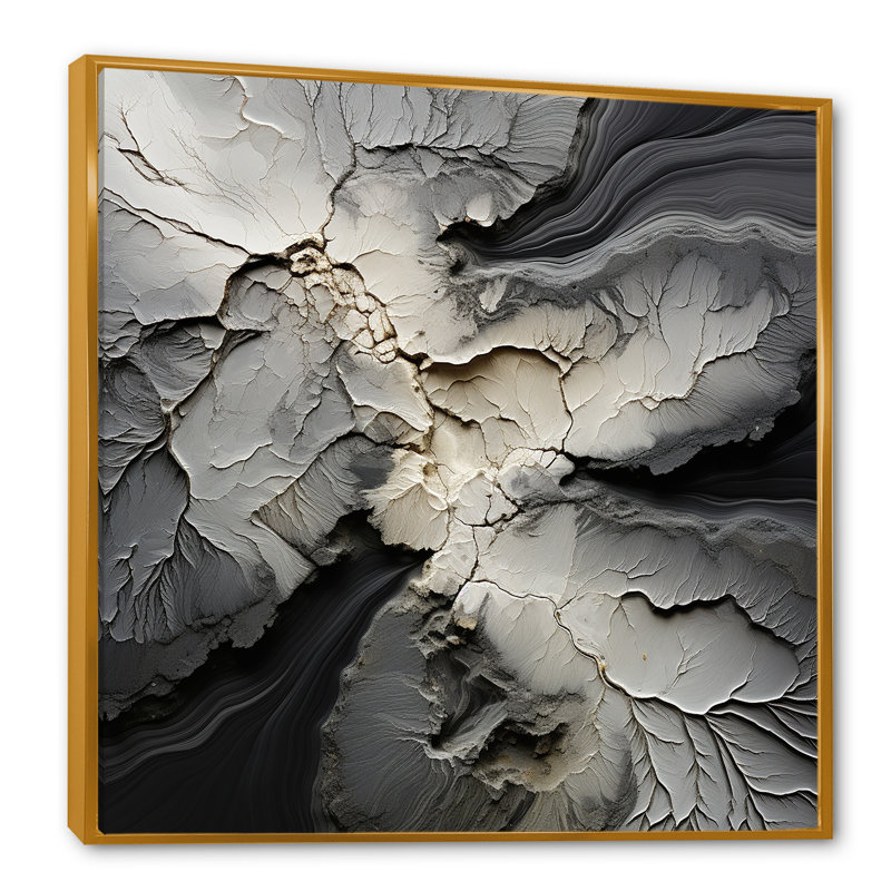 Geode de pierre grise brisée, minimalisme encadré sur toile, Cadre flottant doré, H 30 po x l 30 po x P 1 po