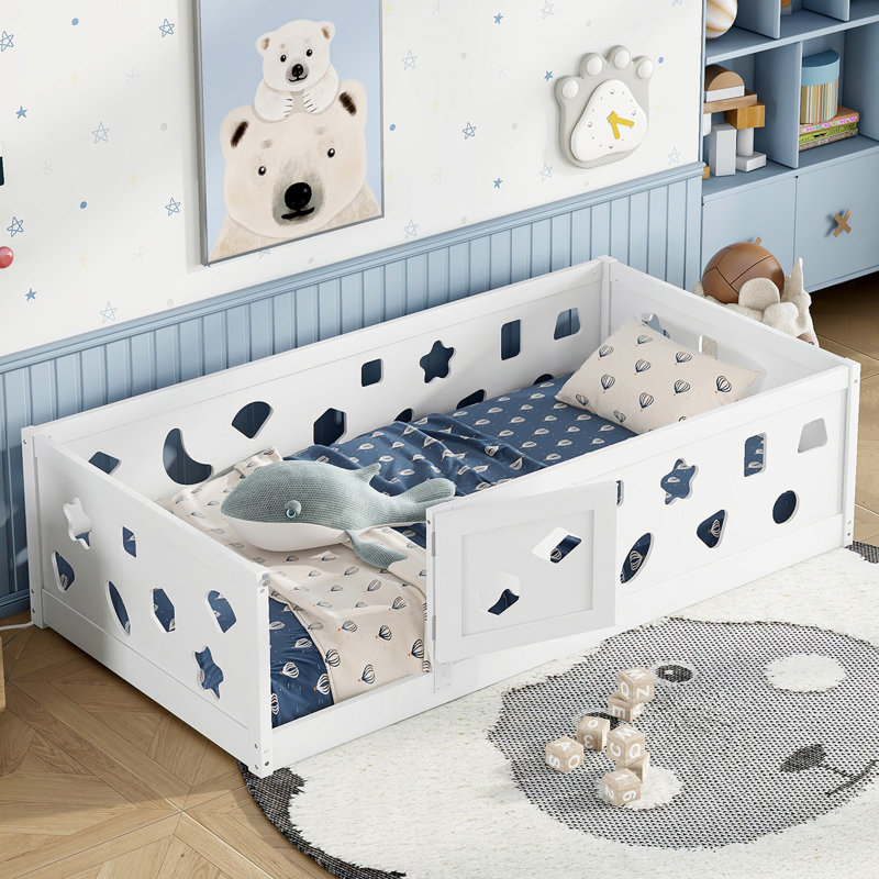 Floor Bed With Heightened Safety Guardrails And Door, Solid Wood Bedframe With Rails, Twin