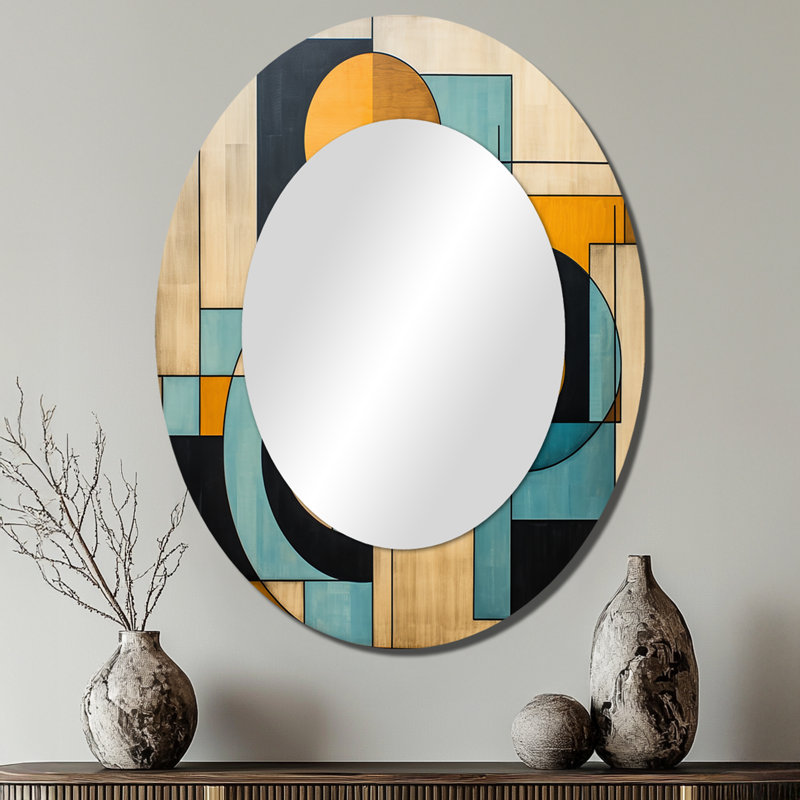 Serendipity Abstract Mid-Century Geometrics - Blue Mid-Century Oval Wall Mirror, 40" x 30"