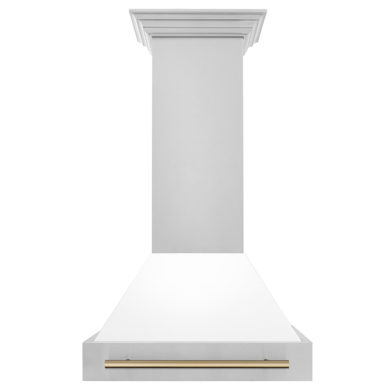 Hotte en acier inoxydable avec coquille blanche matte et poignée ZLINE Autograph Edition 30 po, Blanc mat / bronze champagne