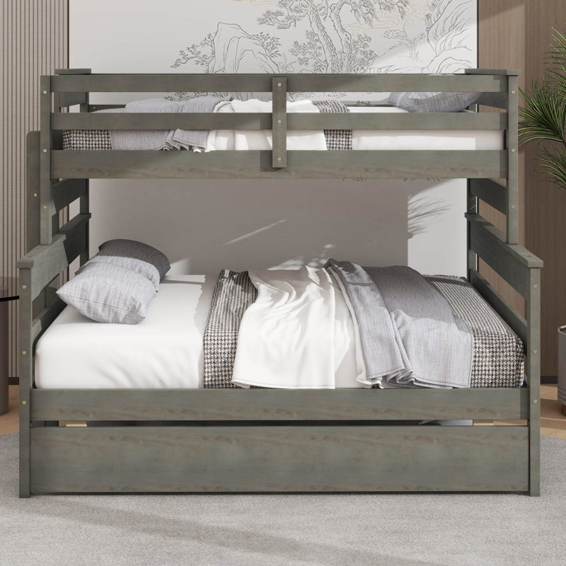 Lit superposé simple au-dessus d'un lit double avec lit escamotable Wood, gris