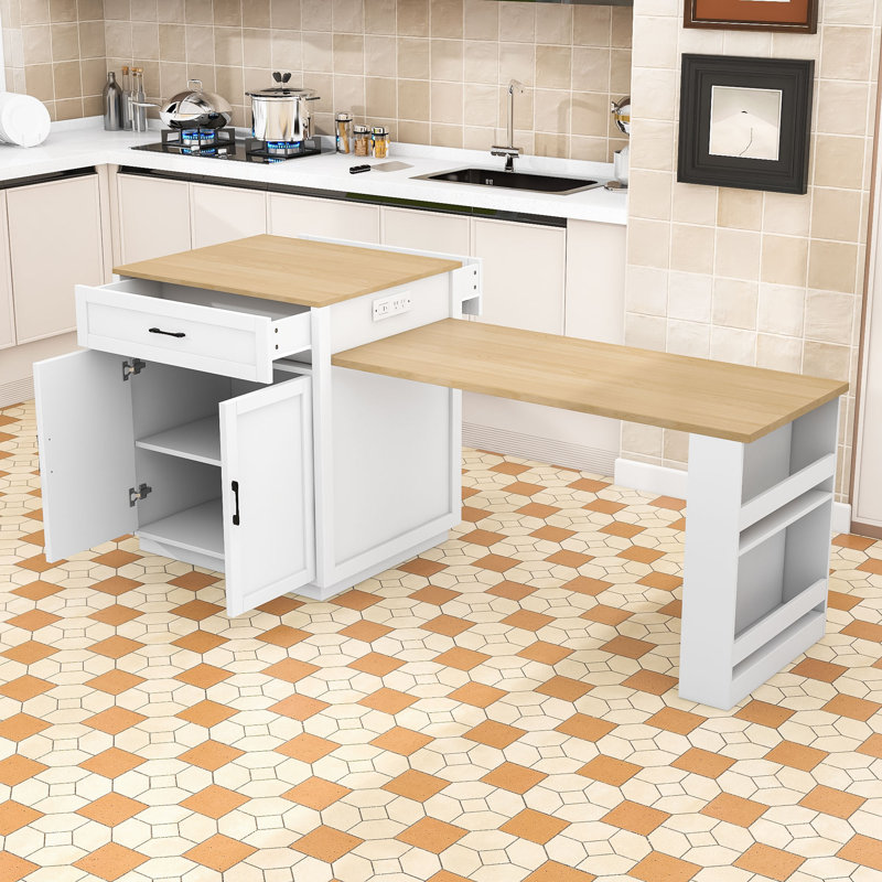 Sleek Multi-Use Kitchen Island with Retractable Dining Area, Ample Storage, and Integrated Charging, White