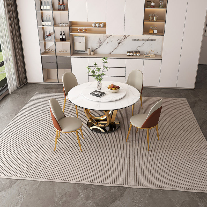 Table de salle à manger ronde 53 po 53 po avec plateau tournant à 360 ° lisse et résistant aux taches et à la chaleur, design minimaliste moderne pour la salle à manger, espace compact (4 chaises)