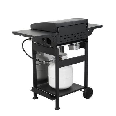 3-Burner Propane Gas BBQ Grill, SS Plancha, 36900BTU Output With Wire Enamel Cooking Grids For Outdoor Barbecue, Foldable Side Table, Hanging Basket, Stainless Steel