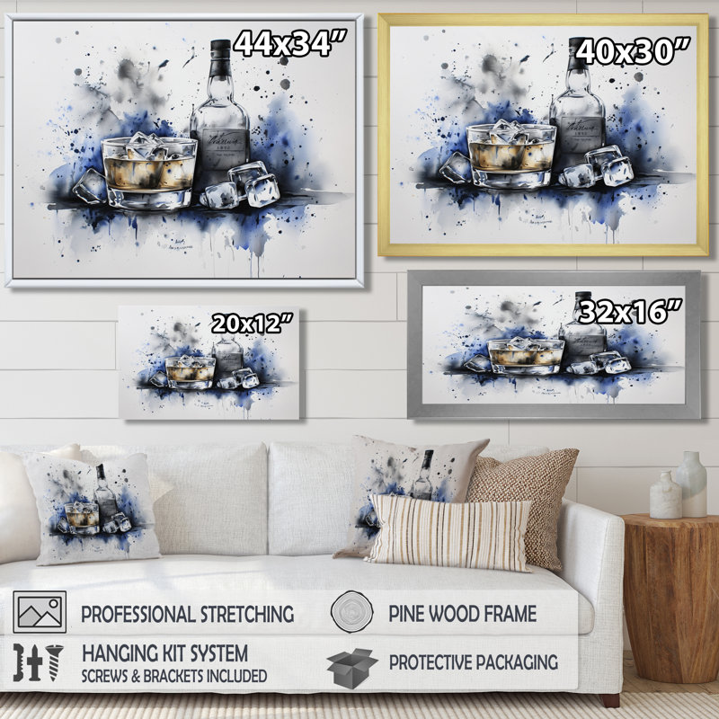 Whiskey On The Rocks - Liquor, reproduction sur toile, H 34 po x l 44 po, Impression dans un cadre flottant sans passe-parto