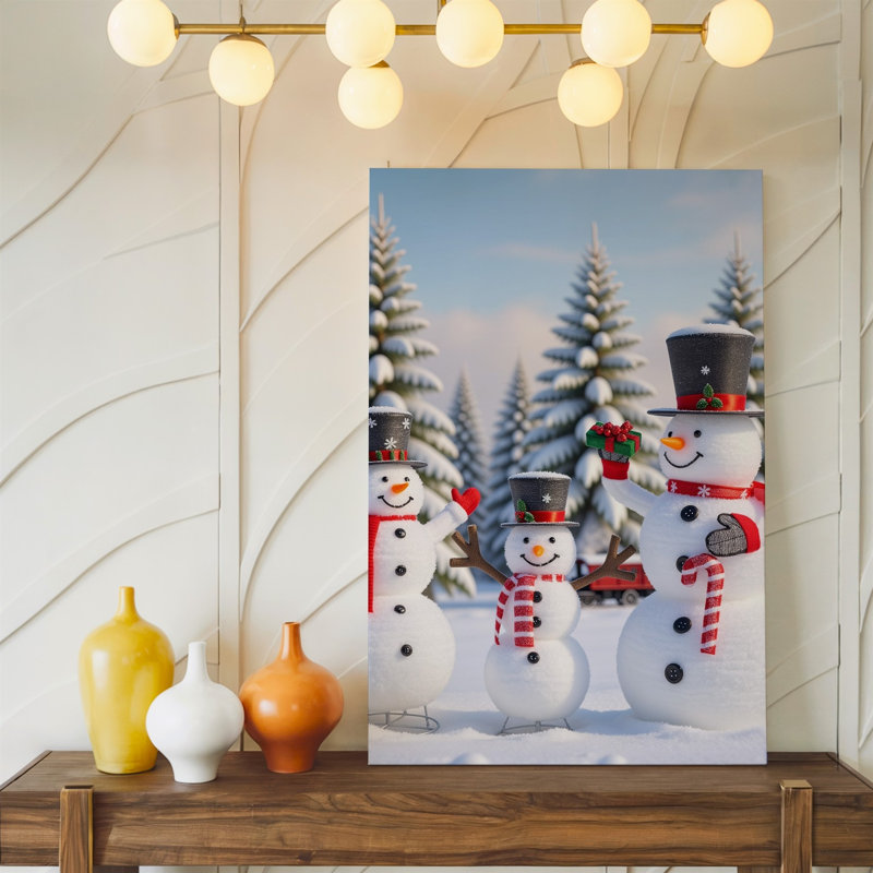 Toile, scène fantaisiste d'hiver mettant en vedette un bonhomme de neige avec une carotte, nez et yeux de charbon nichés à l'intérieur d'un grand dessus gris