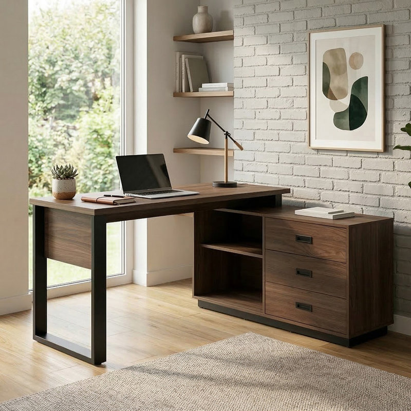 Brena 150 L-Shape Desk, Walnut/Black
