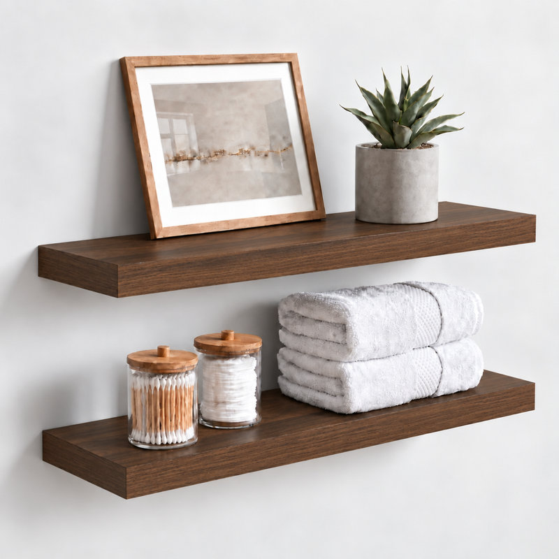 Ensemble de 2 tablettes murales flottantes de 9,3 po de profondeur à fixation murale, H 1,5 po x l 24 po x P 9,3 po, Noyer