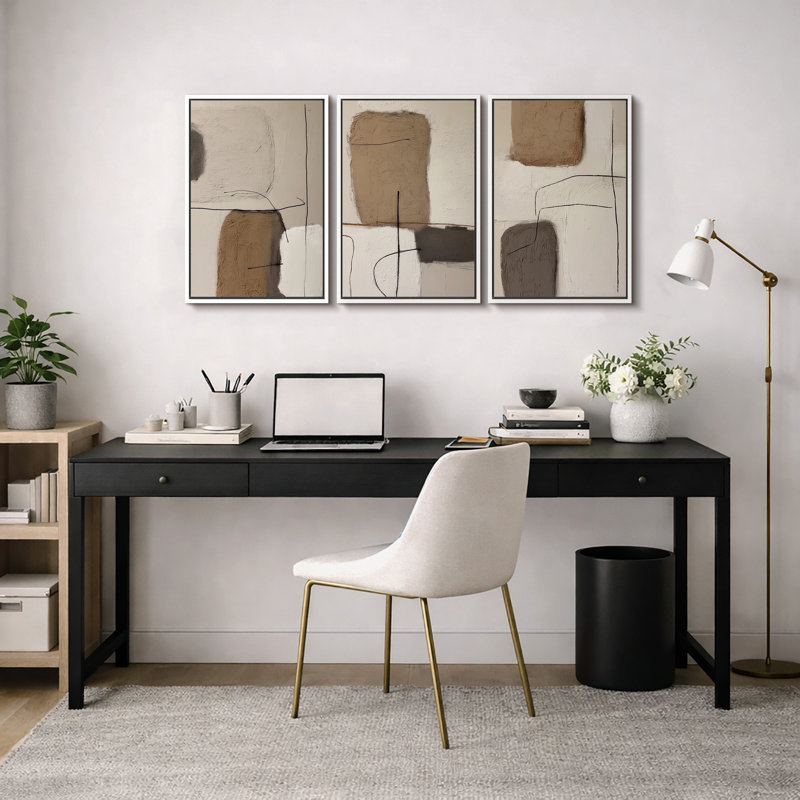 «Neutral Abstract Line Art», photos de salon, impression sur toile encadrée, 3 pièces, H 24 po x l 48 po x P 1,5 po