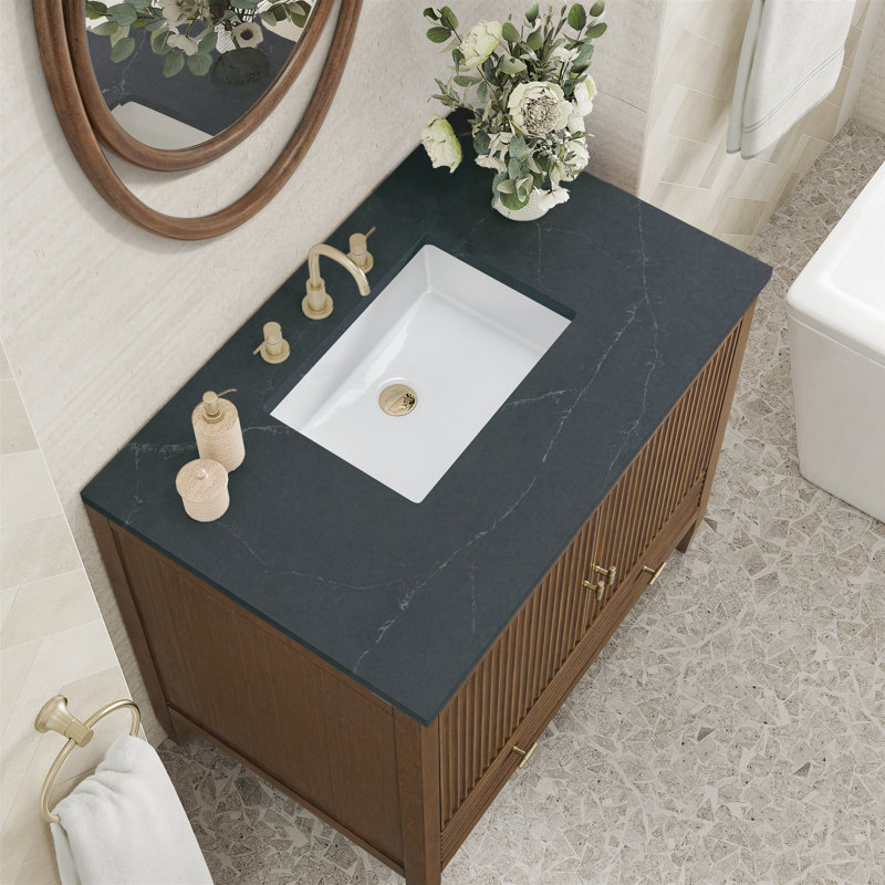 Myrrin 36'' W Single Vanity, Mid-Century Walnut, Charcoal Soapstone, 8" Widespread