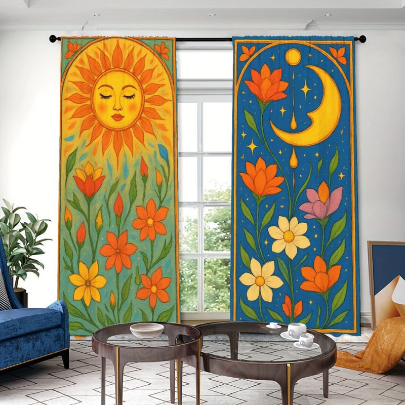 2Pcs Boho Sun Moon Curtains, Aesthetic Floral Pattern, Rod Pocket Window Drapes, Retro Style, Living Room Bedroom Study Window Decor