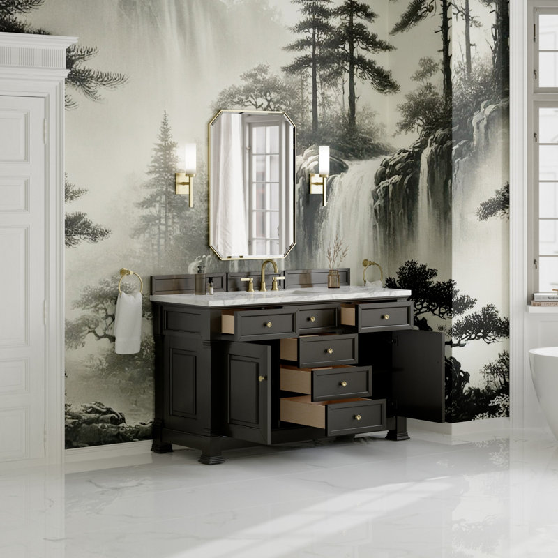 Brookfield Single Vanity, Carrara White, Widespread, Black Onyx