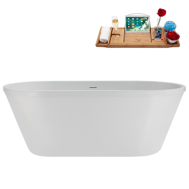 60" Streamline Soaking Glossy White Freestanding Tub and Tray With Internal Drain, Matte Black