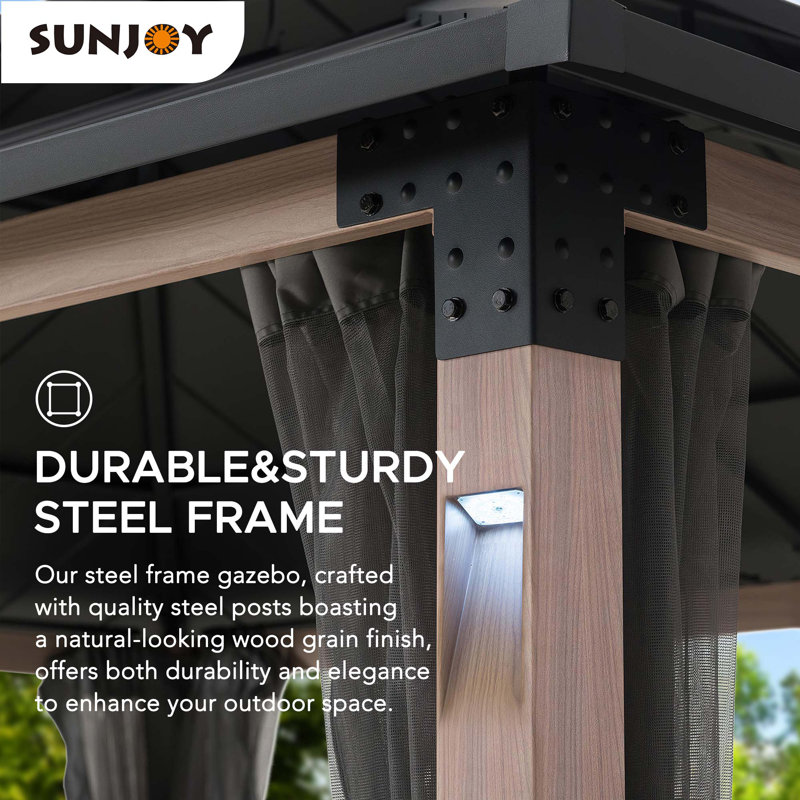 Black Steel 10x12 Hardtop Gazebo with Netting and LED Lights