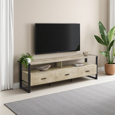 Meuble télé, 72 po, meuble multimédia, tiroirs de rangement, stratifié, métal noir, contemporain, moderne