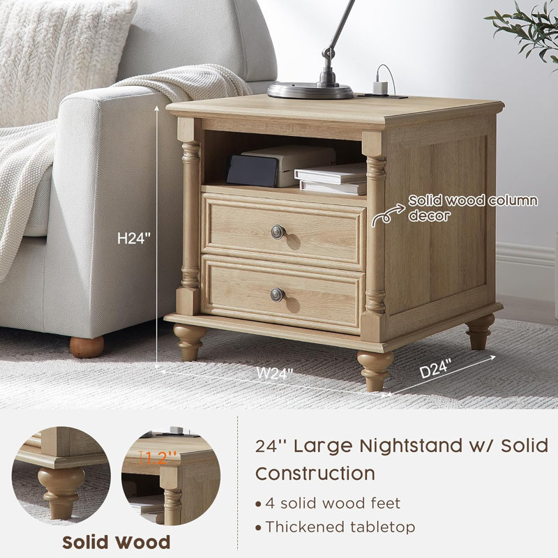  Table de chevet 24 po carrée en bois rustique avec station de charge et tablette ouverte, Chêne naturel