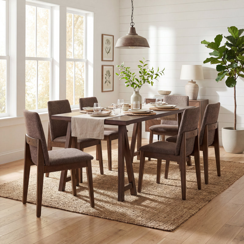 Aveline 7-Piece Mid Century Modern Dining Table Set With Upholstered Chairs, Brown/Walnut