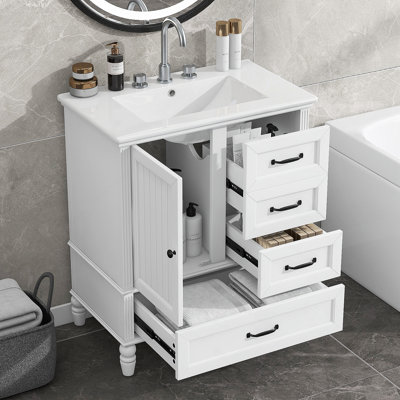 Meuble-lavabo de 30 po avec lavabo, armoire de salle de bain avec porte, trois tiroirs, pieds en bois massif et panneau de fibres à densité moyenne, patins réglables, blanc