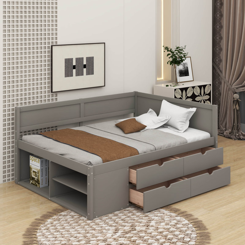 Lit de jour double avec tiroirs et tablettes, gris, Double