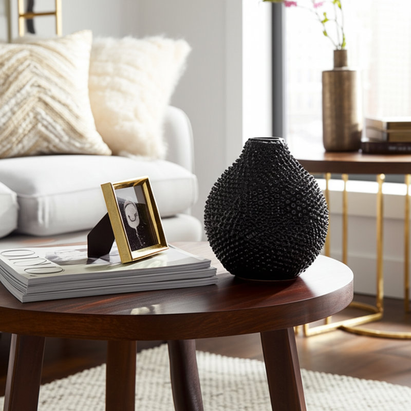 Dugg Textured Ceramic Glam Decorative Vase, Modern Accent for Stylish Display, Black, 8" H x 7.25" W x 7.25" D