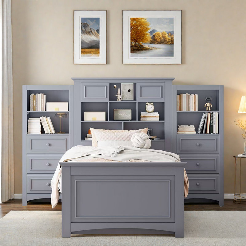 Lit plateforme en bois avec tiroirs et compartiments de rangement, Gris