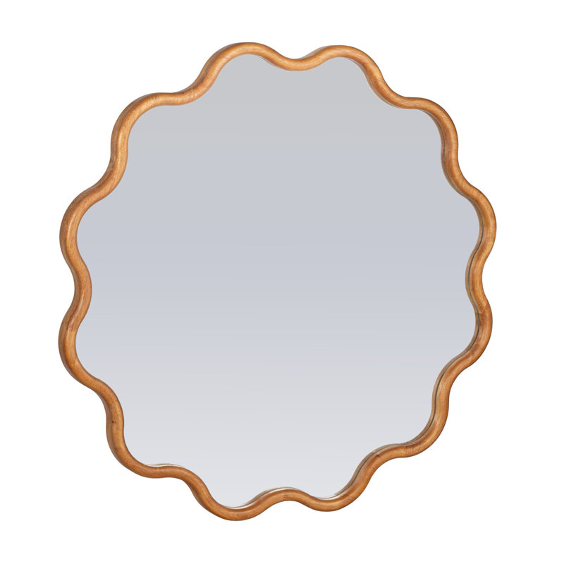 Wavy Round Mirror With Scalloped Wooden Frame