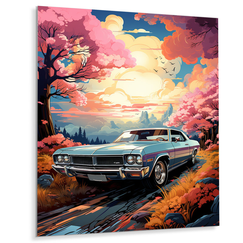 Rose Cadillac Car At Sunset I - Car Muscle Car, art mural en métal, H 40 po x l 30 po x P 1,5 po