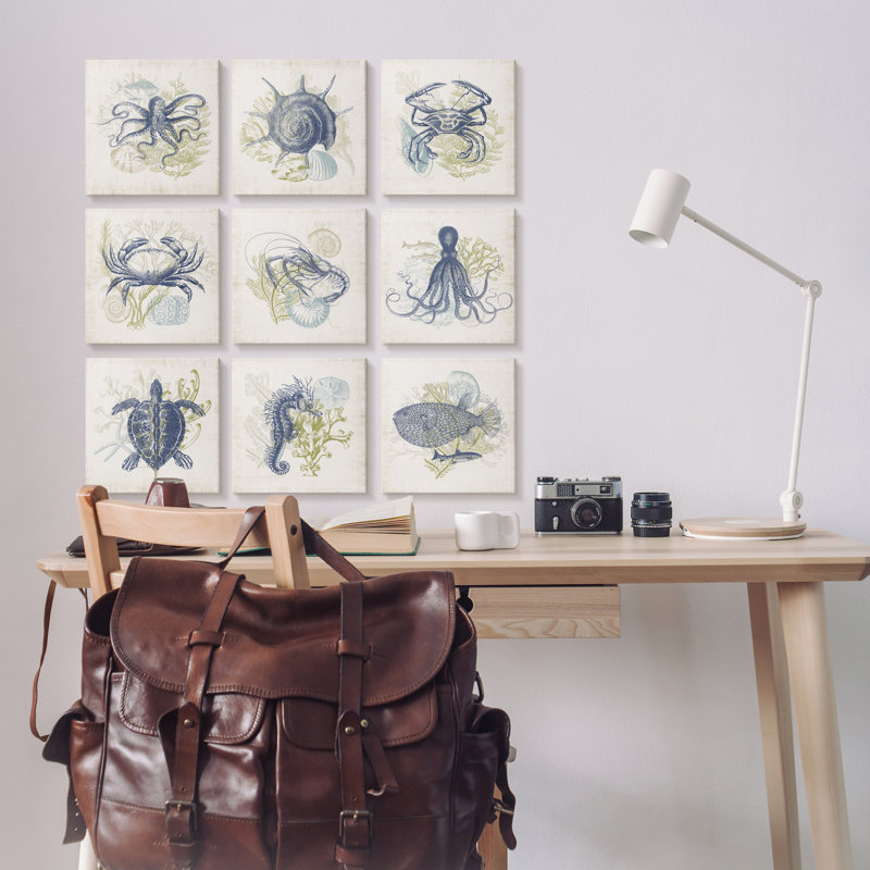 «Détaillé vie marine sous-marine animaux pieuvre par Victoria Barnes - ensemble de 9 impressions sur toile tendue