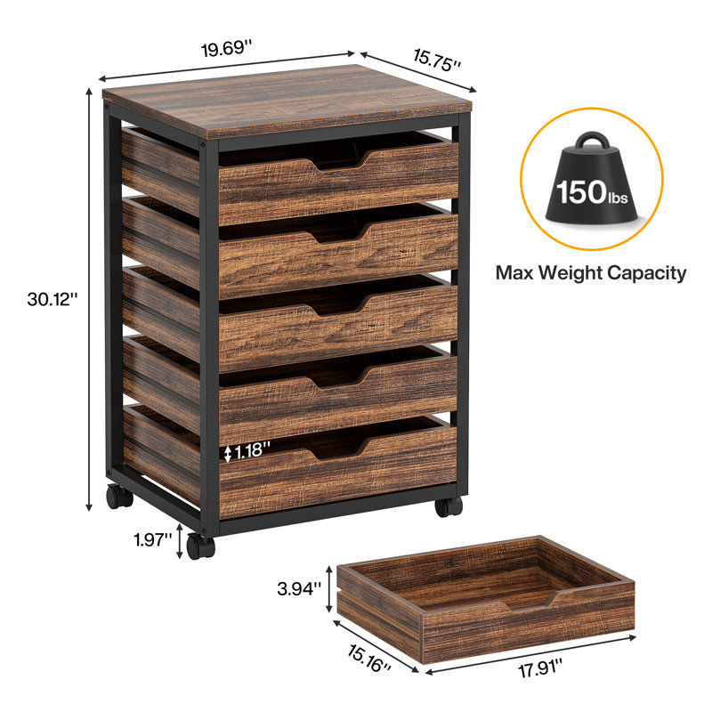 5-Drawer Wood File Cabinet, Brown/Black
