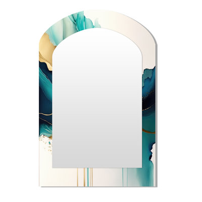 Teal And Gold Abstract Expression II - Liquid Ink Asymmetrical Wall Mirror, Turquoise Arch Decorative Mirror, Printed Metal Art