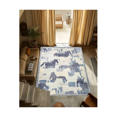 Blue Beige Themed Abstract Horse Patterned Modern Decorative Carpet
