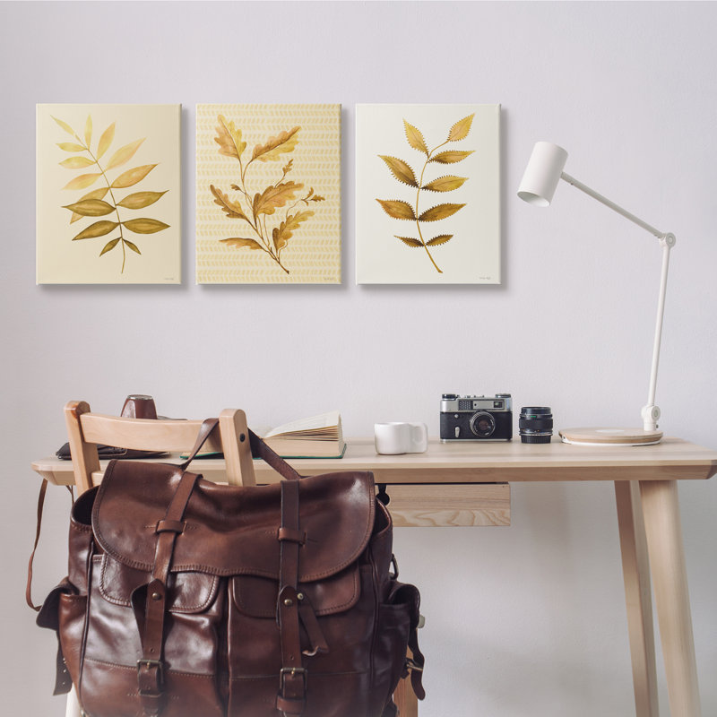 Cindy Jacobs, motif à rayures naturelles à motif de feuilles de plantes dorées rétro, Plaque murale, H 16 po x l 20 po