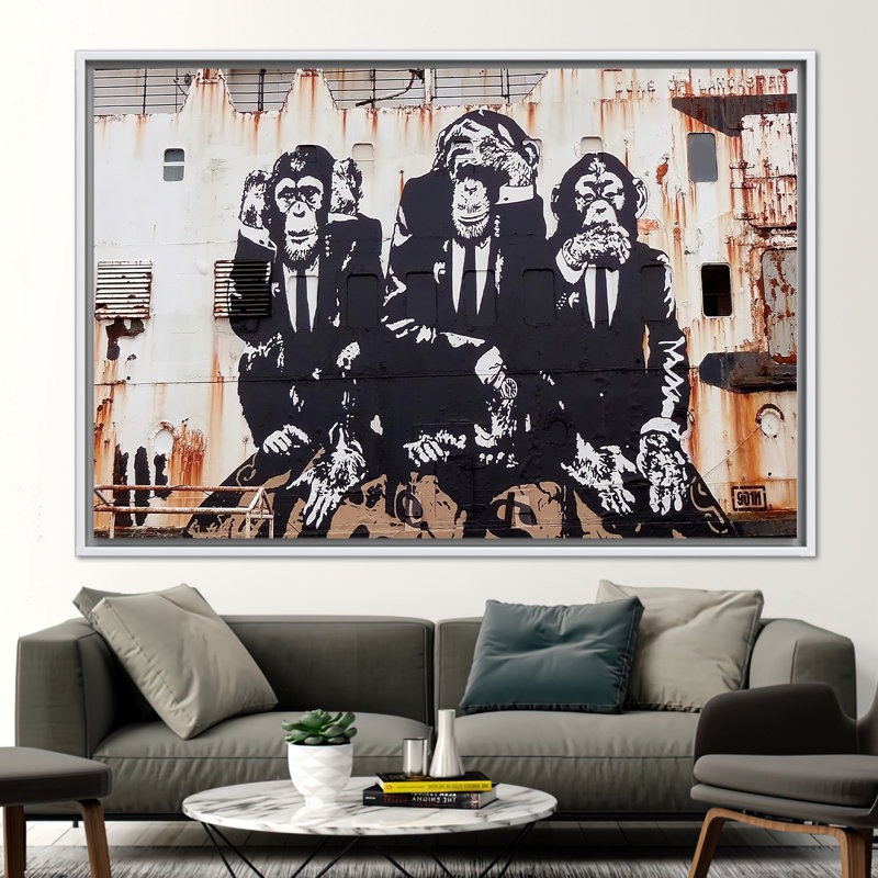 «Banksy Inspired Three Wise Monkeys Street Art Wall Decor», reproduction d'art urbaine unique, H 10 po x l 14 po, Blanc