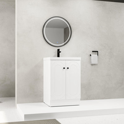 Commode de salle de bain moderne avec lavabo en résine blanche et porte à fermeture douce - étagère de rangement autoportante 24 po Contemporary