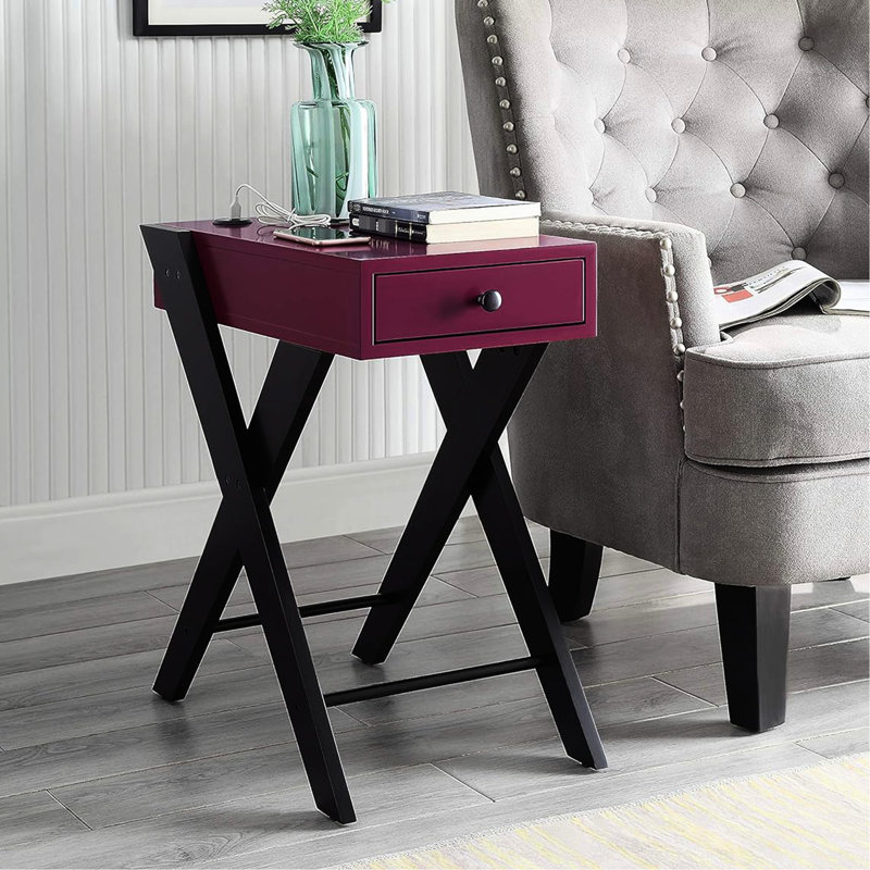 Black And Burgundy Rectangular Side Table With Charging Function, Single Drawer Pull, Leg Design, Kd Drawer, Glide Side, Wooden 24 In Tall Accent Burgundy, Shape, 1 Storage, Legs, Manual-close